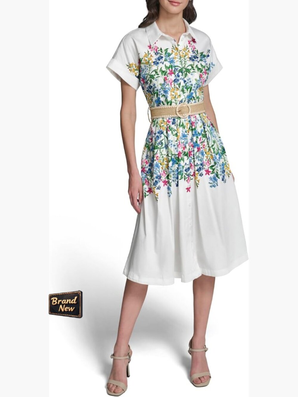 Karl Lagerfeld Floral Midi Dress - Cap Sleeve Button Down Collared Fit & Flare